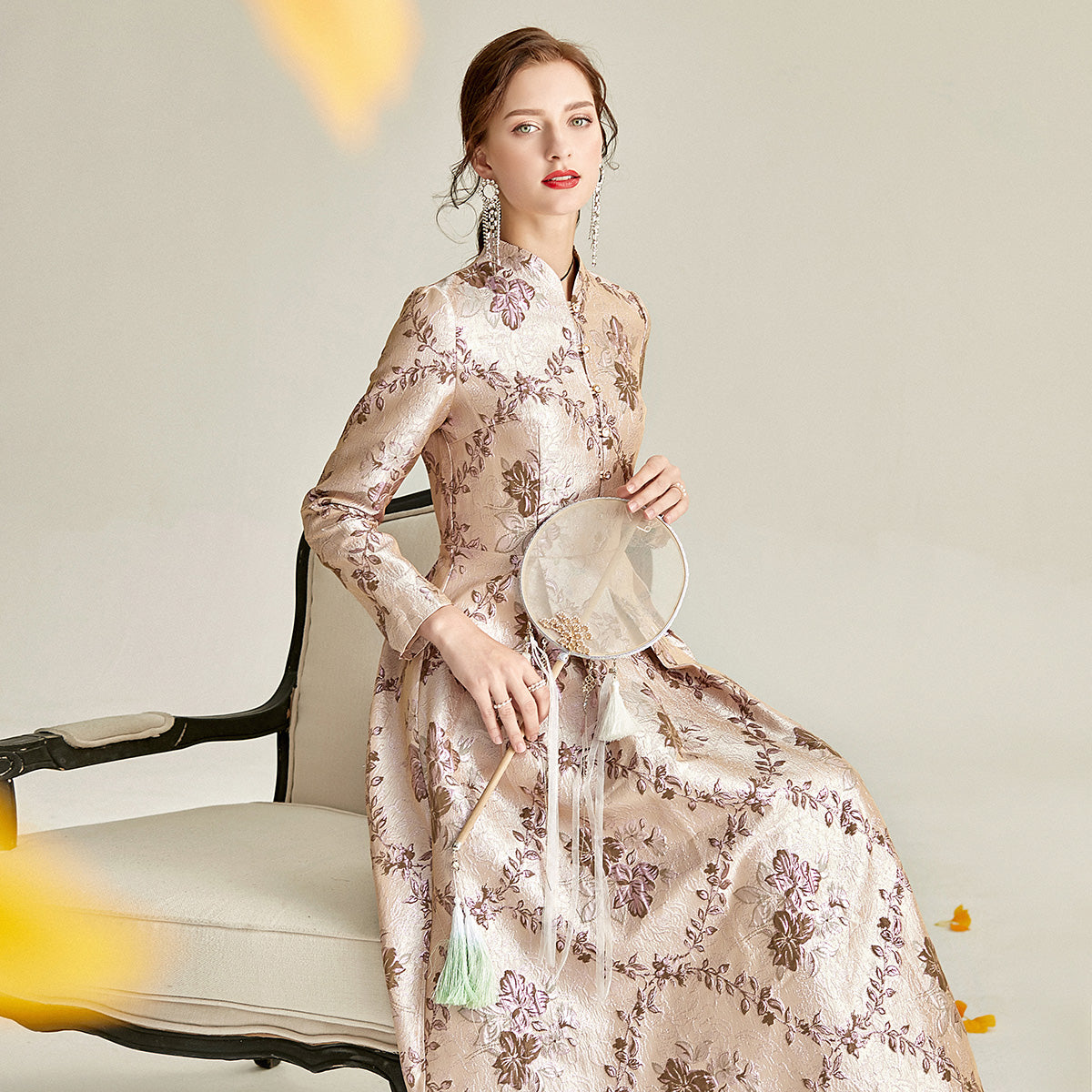Long sleeve stand collar retro jacquard satin swing dress- Pilar – GOOD ...