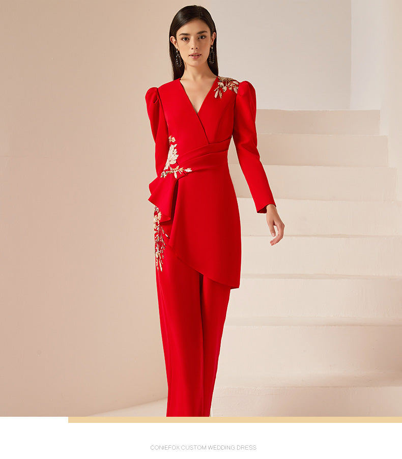 red jumpsuit dress Custom-made Red Jumpsuit with Detachable V-Neck for Women