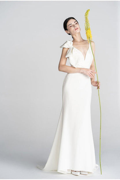Bridal White Long train minimalist simple French Elegant skirt Two-Piece wedding Dress - Nala