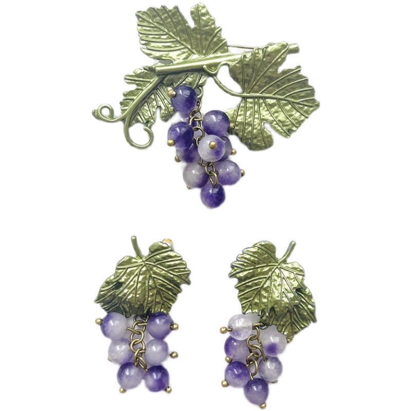 Le Palais Vintage Retro Elegant Small Mini Grape Earrings + Grape Brooch-Quincy.