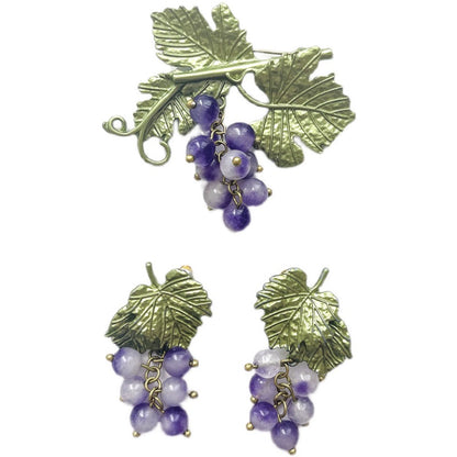 Le Palais Vintage Retro Elegant Small Mini Grape Earrings + Grape Brooch-Quincy.