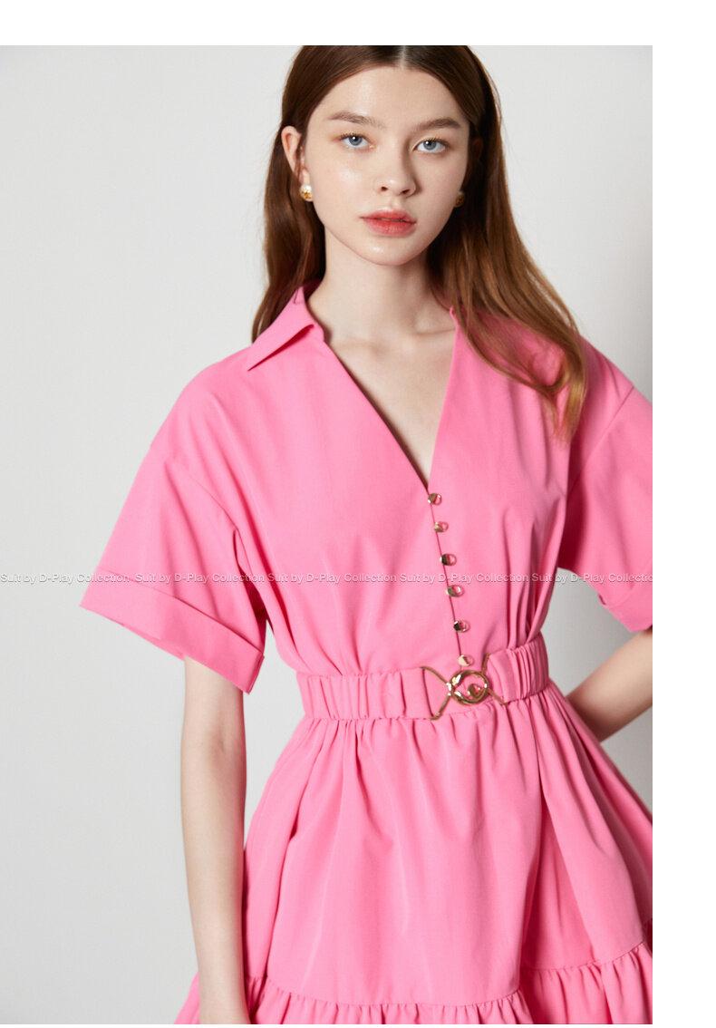 Rose pink ruffled V-neck elastic waist alloy buckle dress - Imma