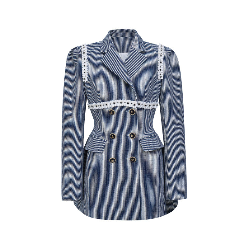 Navy blue and white stripe pressed pleated decorative waist coat blazer - Iviy