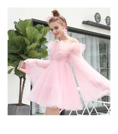 Limited edition double Sun Pleated One-Shoulder Princess layered tulle tutu pink dress - Zack