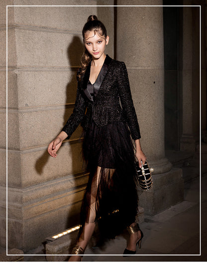 Fashionable a middle waist tutu skirt, a deep V-style black tweed jacket dress- Gilo