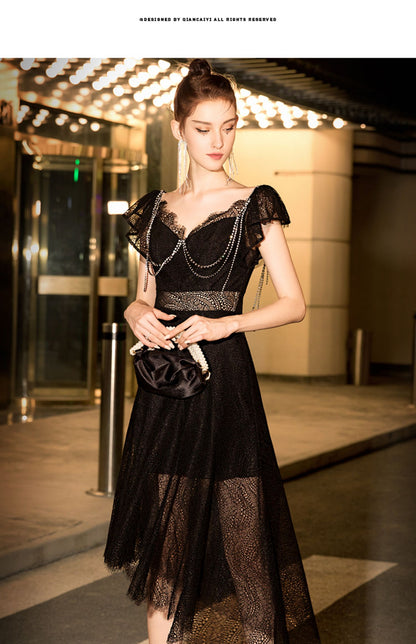 Black evening skirt high-quality texture with a lace see-through dress- Cora