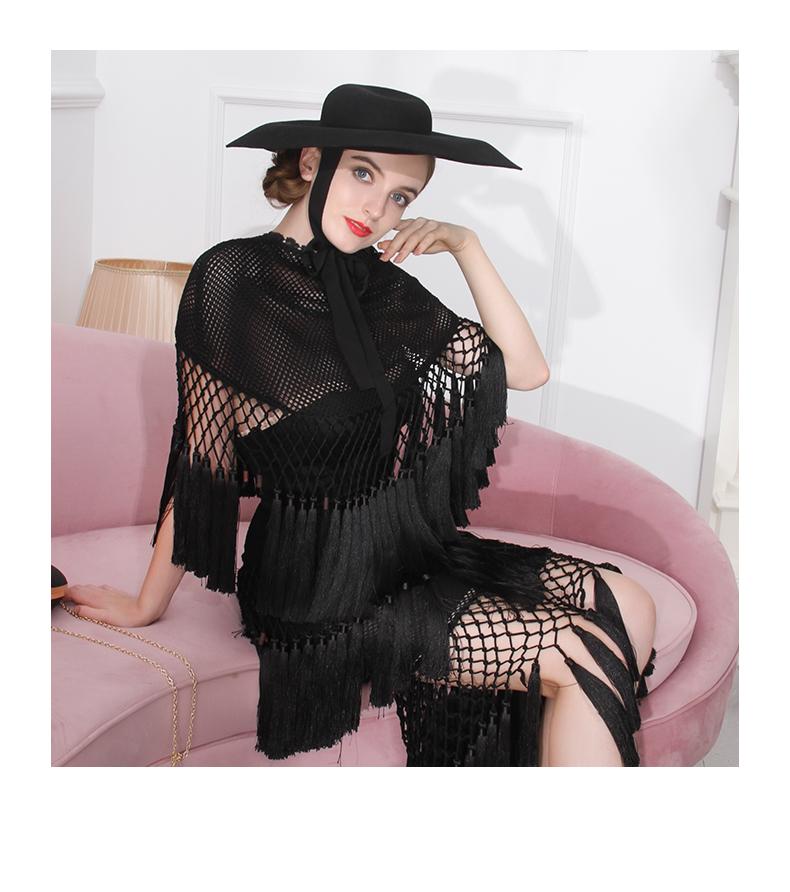 High end one of a kind  woven open mesh net tassle hem skirt and blouse dress set  statement black pieces- West