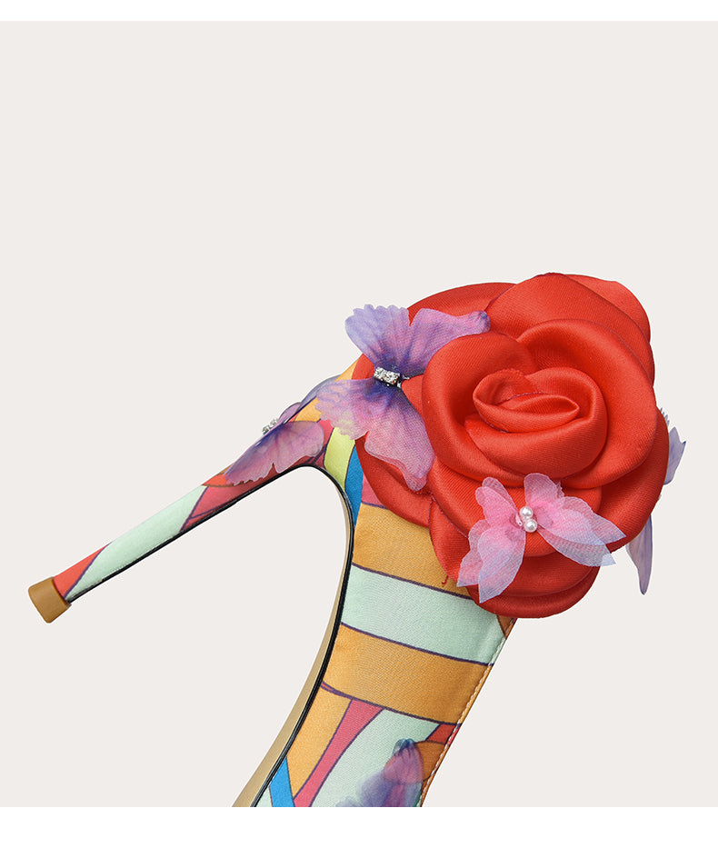 Women's Floral Print High Heels Pointed Toe Slip Stiletto - Temu