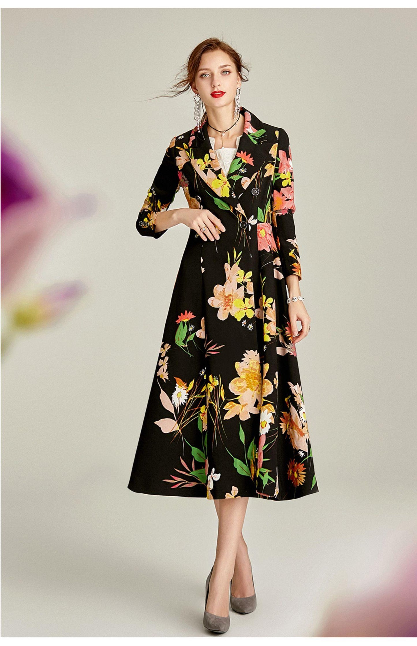 Limited Edition Luxury 1950's audrey hepburn inspired windbreaker full swing skirt  double breasted coat vintage jacket floral print dress - Doree