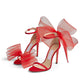 Early 2023 Spring New Magenta Red Bow Knot Mesh Open Toe Stiletto Sandals- Favor
