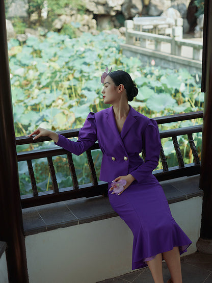 Original Purple Claw Sleeve Waist Hepburn Mermaid Skirt suit set- Lora