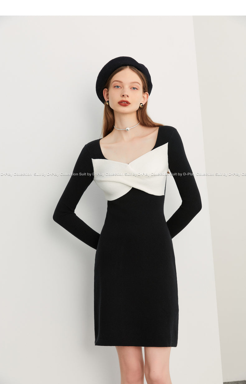DPLAY2022 autumn new elegant black and white contrast color court collar three-dimensional knot slim knitted dress - Mara