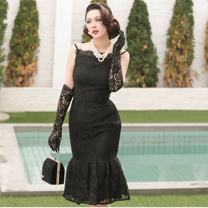 le palais vintage original retro elegant slim thin black lace backless fishtail dress