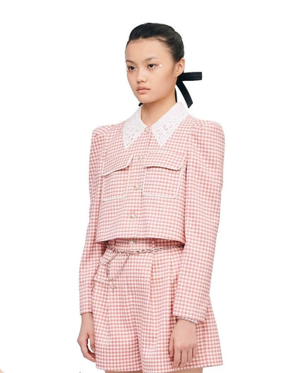 YES BY YESIR designer puff sleeve pink checkered grid short jacket - Aika