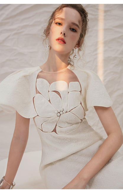 Luxury designer white jacquard flying sleeve retro vintage dress-Ovilas