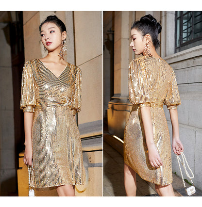 Elegantly gold designed and fashionably built V-neck striped sequins dress- Paris