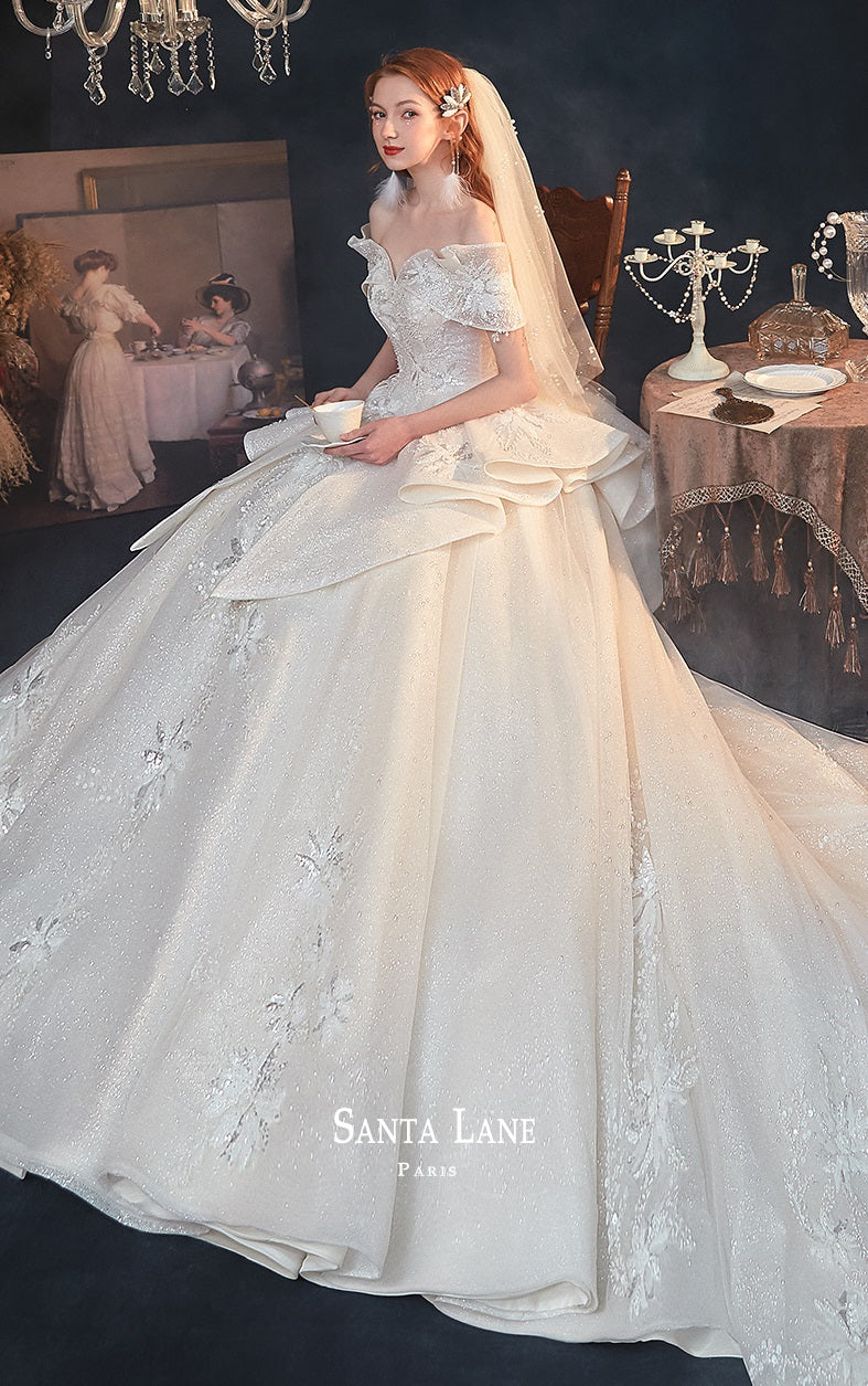 Ealy Spring 2023 One-shoulder fantasy retro starry sky trailing wedding dress- Stayr L / No Trail