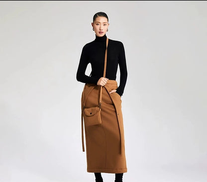 LEDIM W camel brown winter knitted velvet slit skirt - yule