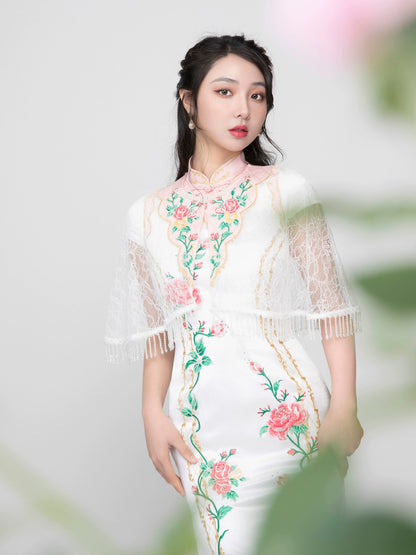 MagicQ Industries rose embroidered lace fringe shawl stand collar cloud shoulder patch embroidered beaded set