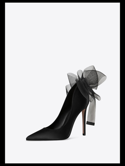 Fab Fei 2022 autumn and winter new pointed-toe silk cloth mesh bow high-heeled shoes- Mari Maxi