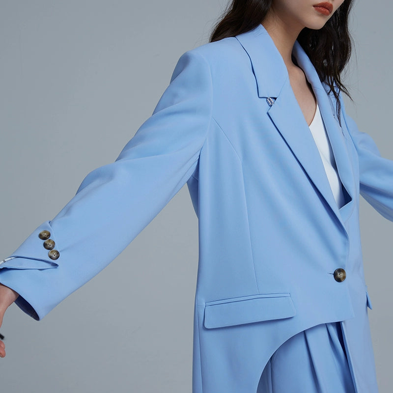 LEDIM W high end luxury folded sleeve irregulare blue blazer