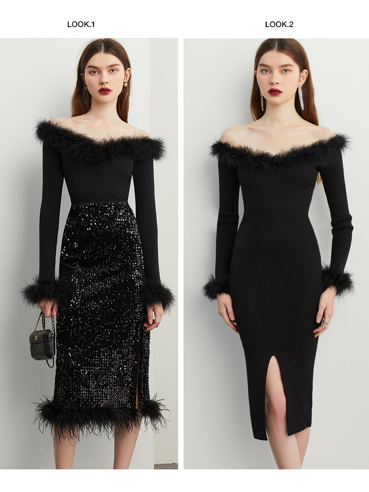 Fall autumn sexy off-shoulder classic black feather top dress - Iwa GOOD GIRL REBEL Fall autumn sexy off-shoulder classic black feather top dress - Iwa GOOD GIRL REBEL