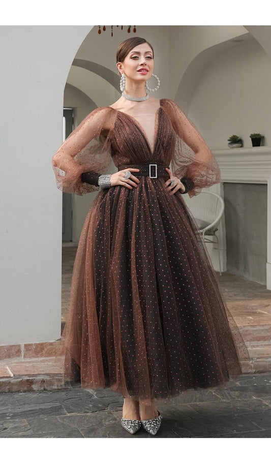 1950's vintage inspired retro polks dot lace mesh tulle brown swing 1950 retro midi tea length princess ball down dress - Kioa