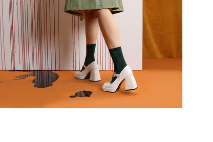 B-FEI Original Design Square Toe Thick Heel Leather Single Shoes High Heel Thick Bottom Platform- Seon