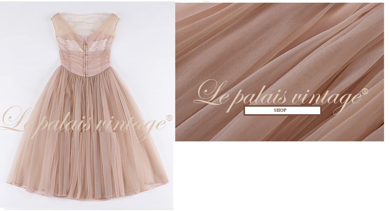 Le Palais vintage original peach elegant retro lace pleated vintage dress- Kion