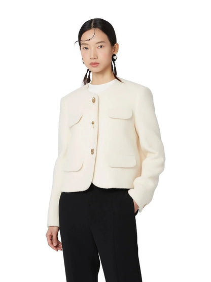 YES BY YESIR autumn winter simple beige short wool coat jacket blazer - yioi