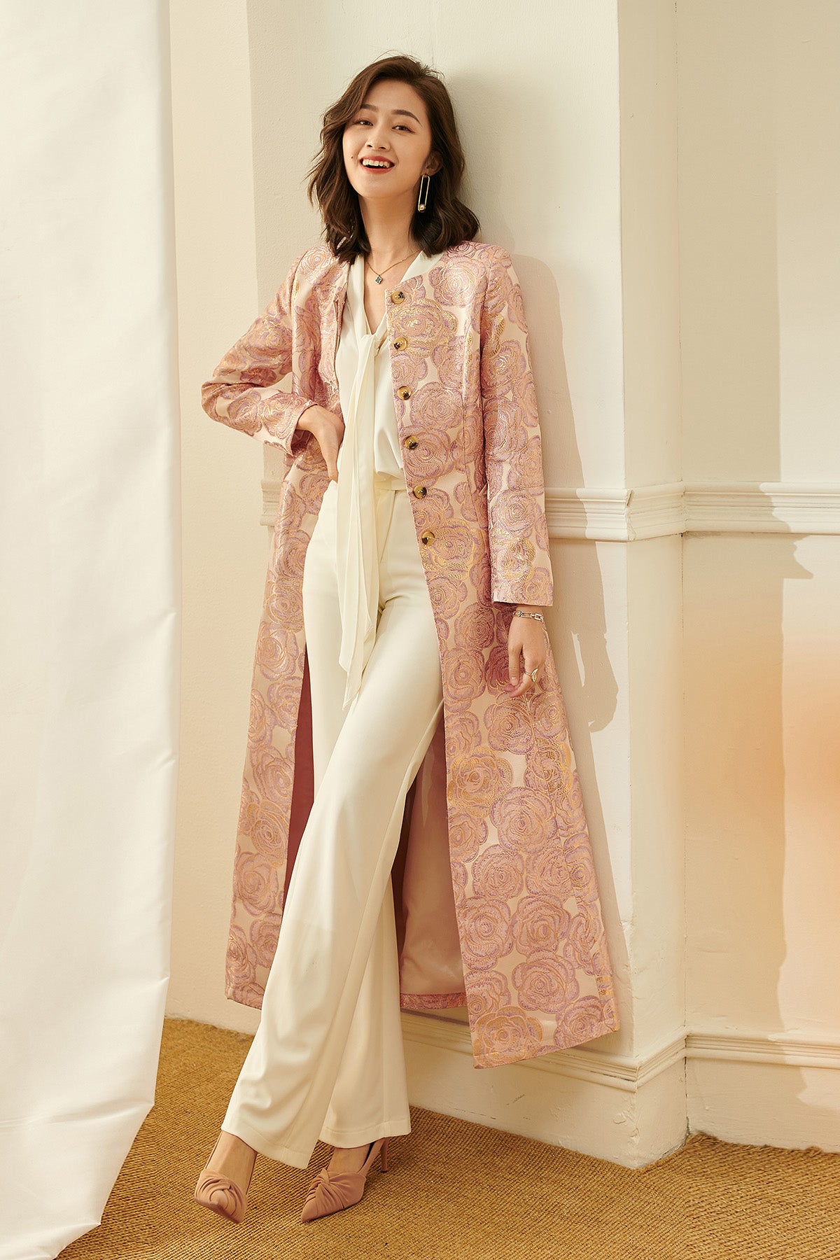 Luxury nude pink gold jacquard embroidery rose long exquisite coat- Nia