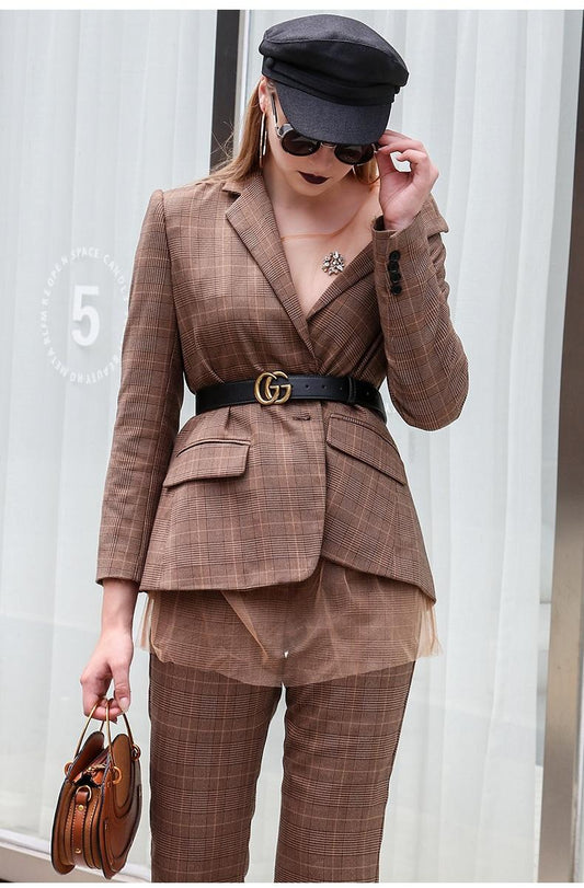 Elegant and stylish  brown plaid pant + blazer suit two piece suit set - Amerie