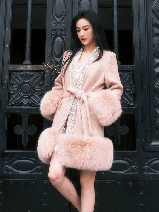 Wardrobes By Chen Elegant Pink Tie Fur Long Sleeve Coat - Andra