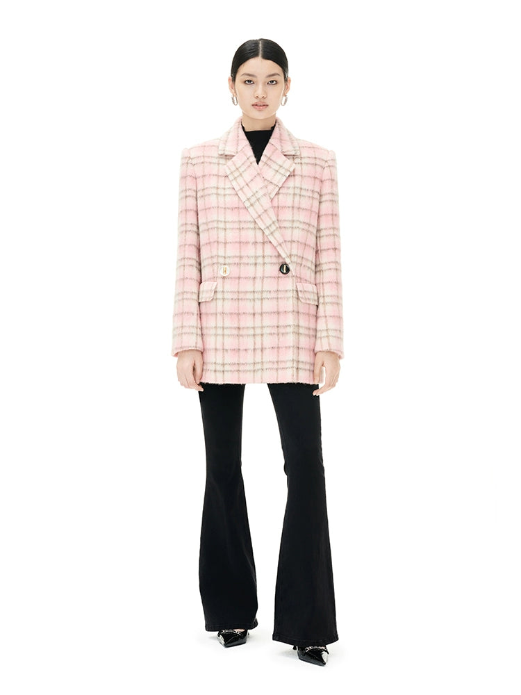 YES BY YESIR autumn winter pink women's checkered wool short coat - Abamo