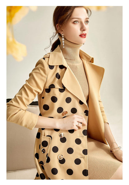 French Khaki polka dot elegant windbreaker long coat - Nola