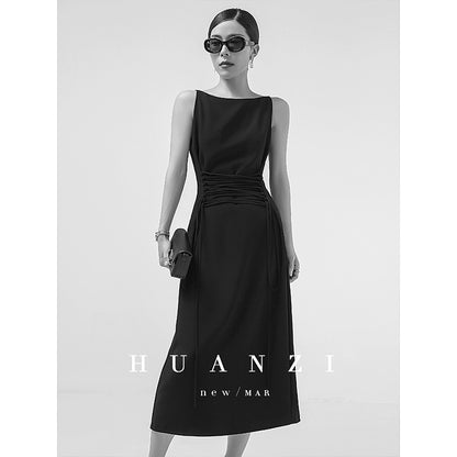 Huanzi French shoulders cinched waist women's summer Midi dress - Kendou