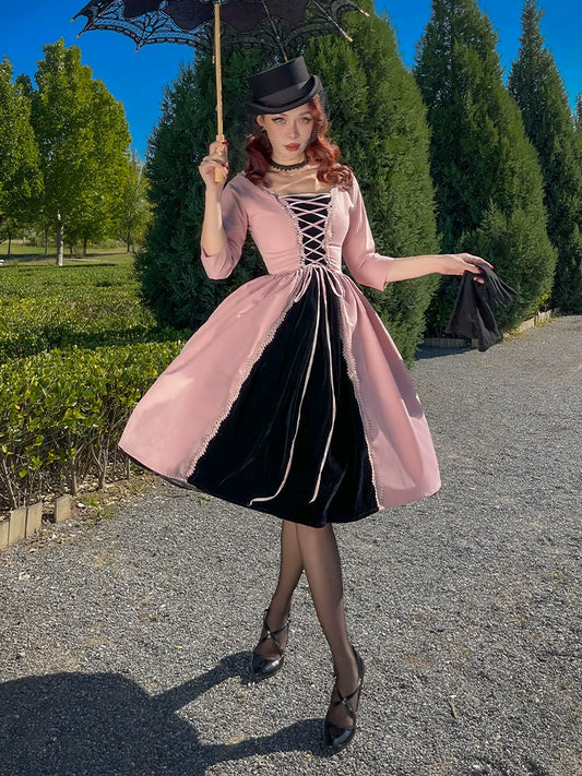 Le Palais Vintage Retro Long Sleeve Black and Pink Large Skirt Dress-Bene