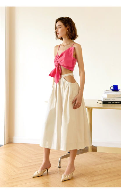 Sexy waistless A-line skirt combined with a three-dimensional bow outerwear sling crop top- Daca