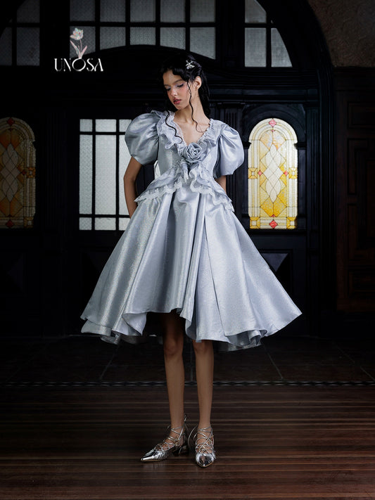 UNOSA silver gray shimmering three-dimensional flower v-neck lacefull dress - court