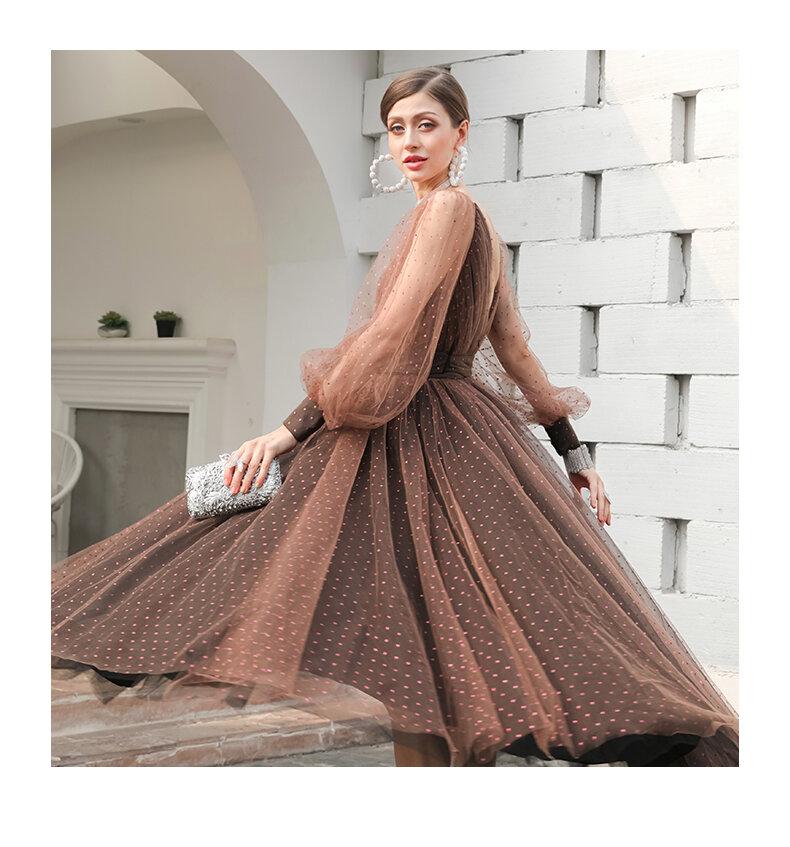 1950's vintage inspired retro polks dot lace mesh tulle brown swing 1950  retro midi tea length princess ball down dress - Kioa