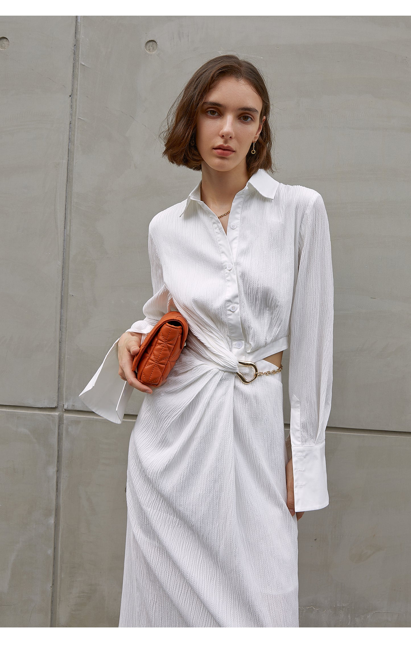 Asymmetrically-waisted summer dress white, polo-collared shirt, single-breasted dress-Cicili