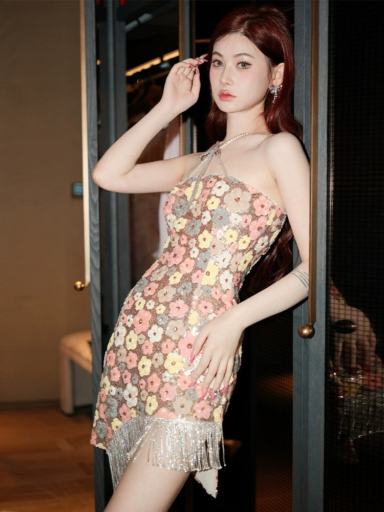 Wardrobes by Chen HighEnd Halter Diamond Tassel  sequin cocktail dress-Jam