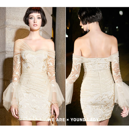 Luxury off shoulder sexy lace mini wedding cocktail dress - Casia
