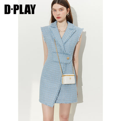 DPLAY fall Autumn Light Luxury Misty Blue Asymmetric Tweed Sleeveless Dress - Ray