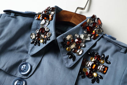 Classic autumn winter luxury limited edition handmade beaded long trench coat - Siaha Blue