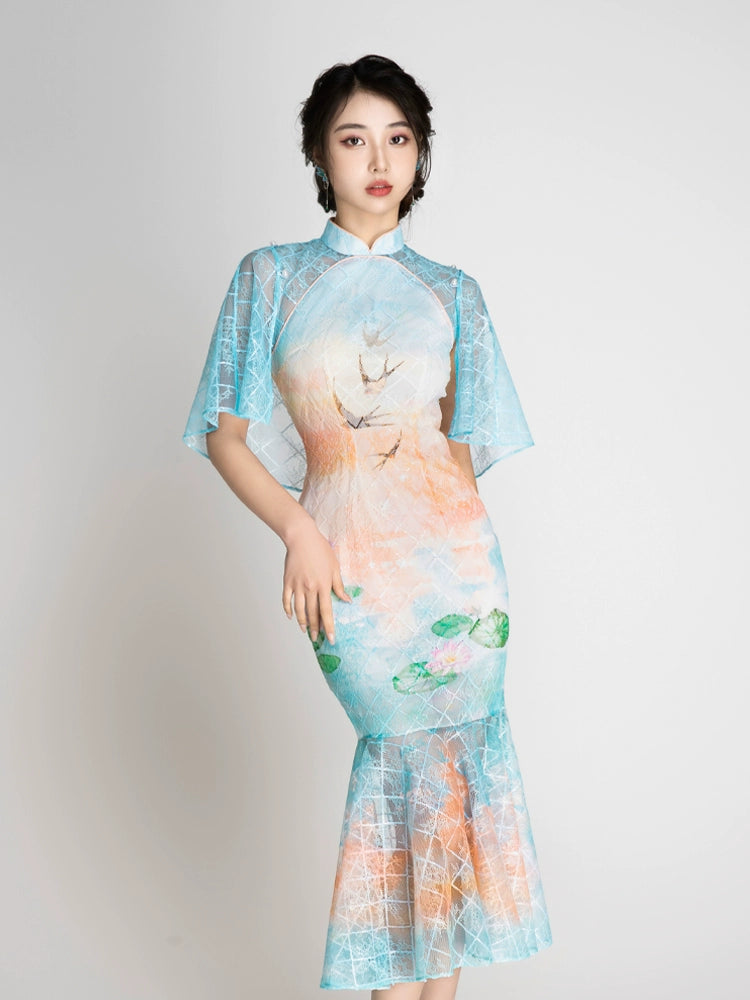 Magic Q Swiftlet detachable shawl diamond embroidered sequins lace fishtail cheongsam dress - Lily