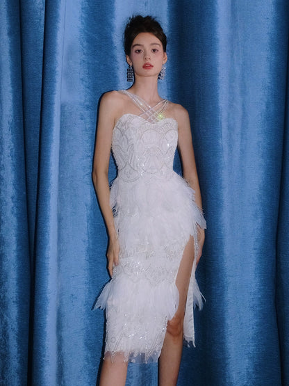 Wardrobes by Chen Luxury Whitebridal  Feather Slit Dinner Dress-Ammy