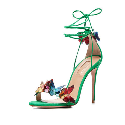 Green Color Bow Ankle Strap Open Toe Stiletto Sandals Women- Wilo