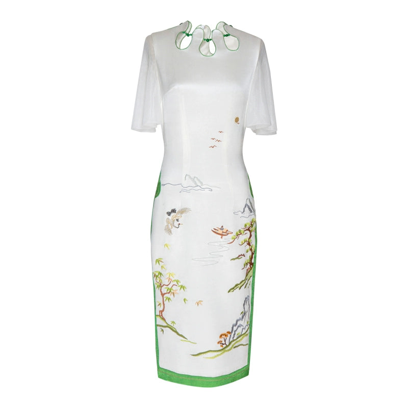 Magic Q embroidered flower drop neck panel gauze sleeves skirt - Vaielo