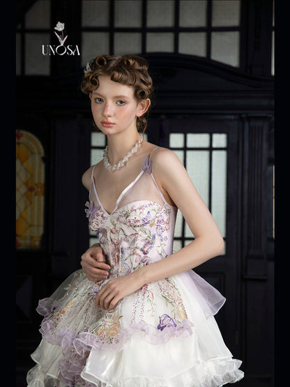 UNOSA purple flower beading three-dimensional embroidery butterfly strap v-neck layered dress -prim